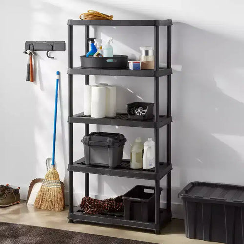 5 Tier Plastic Shelf Unit Black - ™: Utility Storage Shelving, 5 Open Shelves, 150 lb Capacity, 73.5" Height