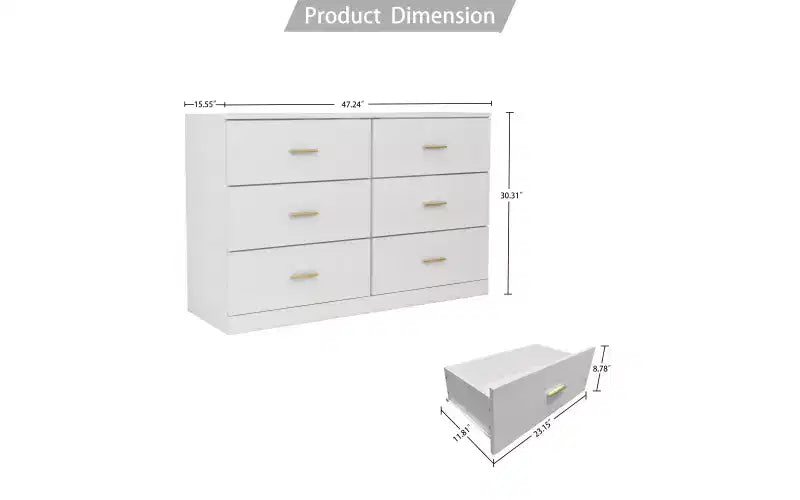 6 Drawer Double Dresser Wood Clothing Organizer Engineered Wood Dresser With Sturdy Legs For Living Room Hallway Nursery Bedroom, White