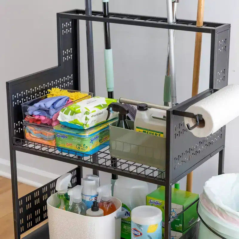 Carrello multiuso Teal Triangle con pannello forato e portasecchi