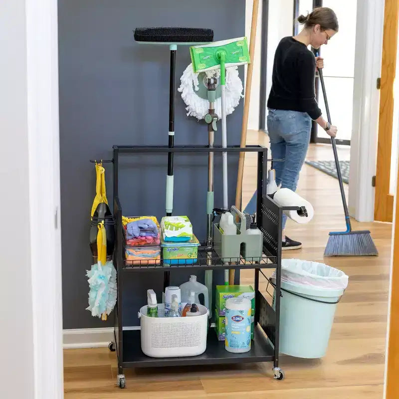 Carrello multiuso Teal Triangle con pannello forato e portasecchi