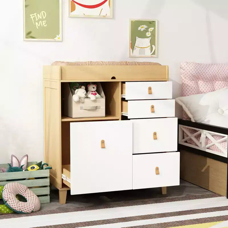 Famapy Baby Changing Table Storage Cabinet With leather Pulls Large Worktop Four Drawers Rich Storage Space Practical and Safe