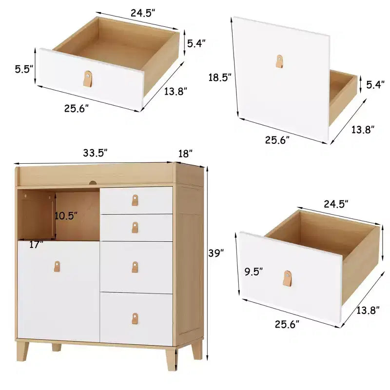 Famapy Baby Changing Table Storage Cabinet With leather Pulls Large Worktop Four Drawers Rich Storage Space Practical and Safe