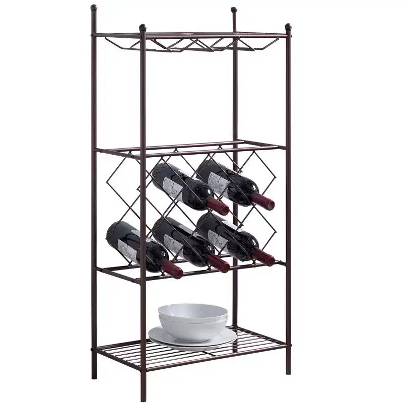 Kings Brand Furniture Freestanding Floor Metal Wine Rack Stand, Wine Bottle Liquor Cabinet with Glass Holder & Storage Shelves Bronze