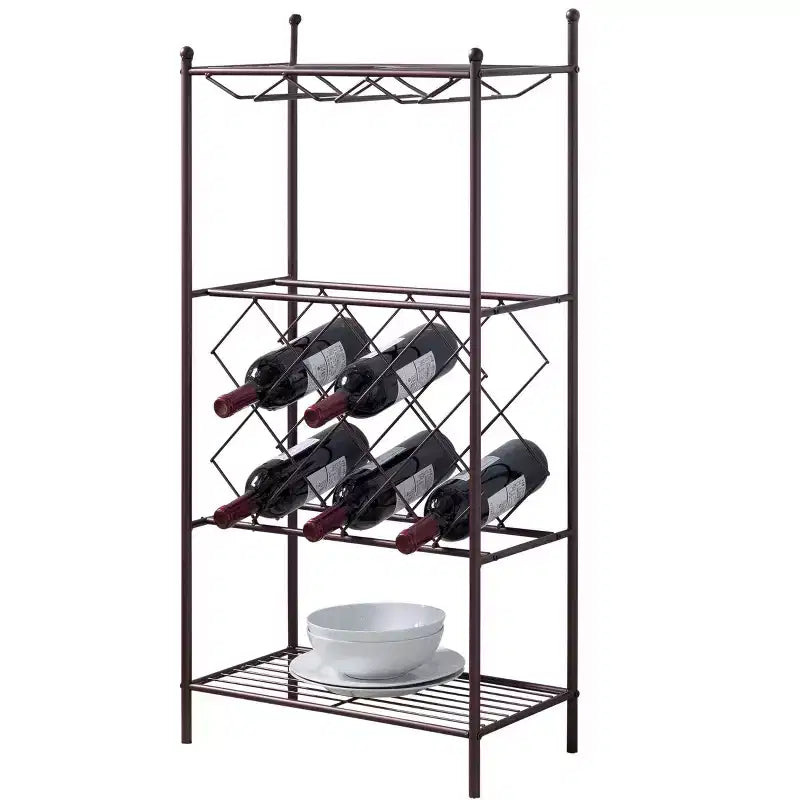 Kings Brand Furniture Cantinetta Porta Vino in Metallo Autoportante, Mobiletto Porta Liquori con Portabicchieri e Ripiani, Bronzo