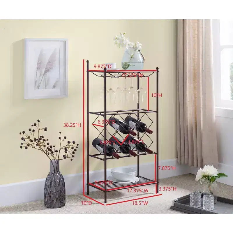 Kings Brand Furniture Cantinetta Porta Vino in Metallo Autoportante, Mobiletto Porta Liquori con Portabicchieri e Ripiani, Bronzo