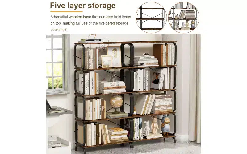 5 Tier 63H Large Book Shelf with Metal Frame, Home Office Open Bookshelf