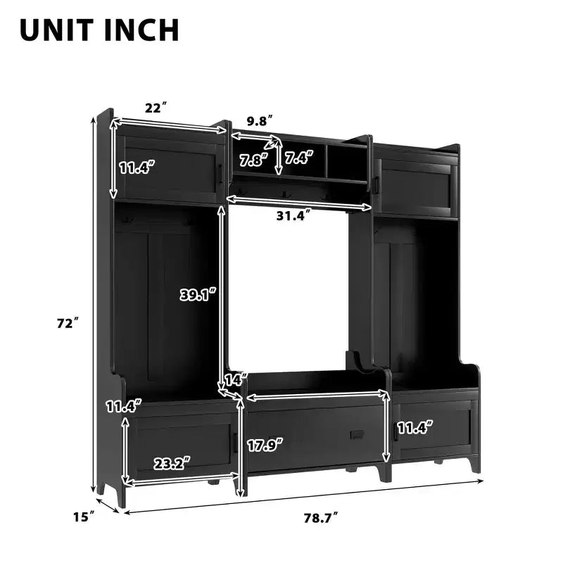Whisen Modern Multiple Functions Hall Tree with 7-Metal Black Hooks and Ample Storage Drawer