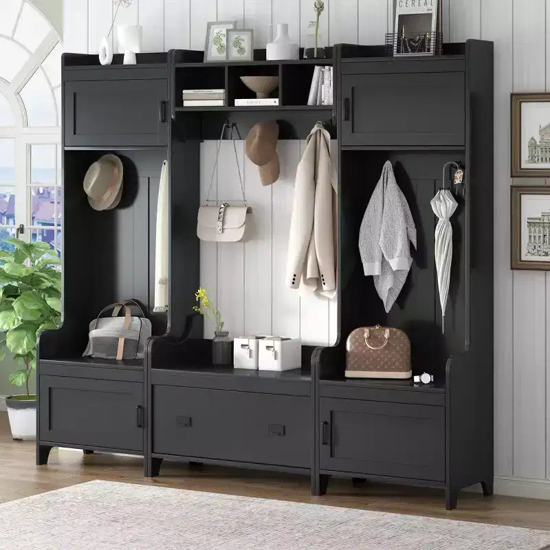 Whisen Modern Multiple Functions Hall Tree with 7-Metal Black Hooks and Ample Storage Drawer