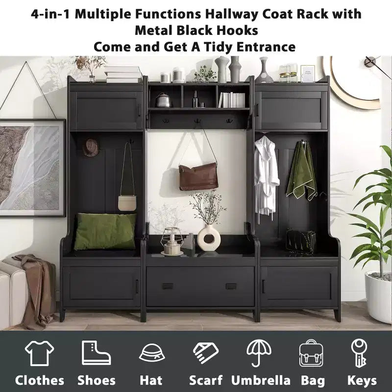 Whisen Modern Multiple Functions Hall Tree with 7-Metal Black Hooks and Ample Storage Drawer