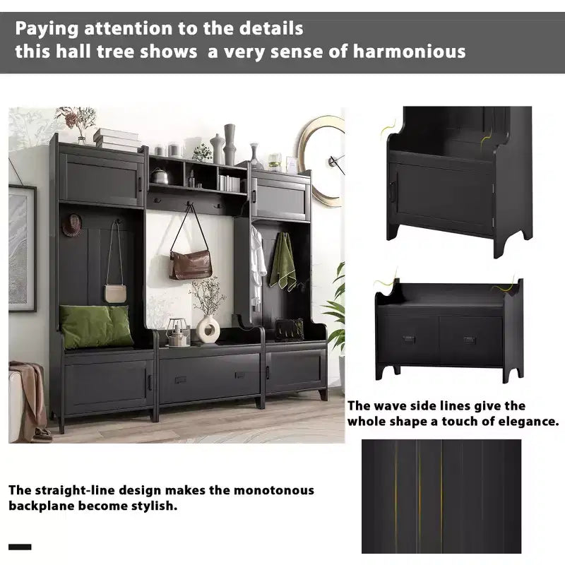 Whisen Modern Multiple Functions Hall Tree with 7-Metal Black Hooks and Ample Storage Drawer