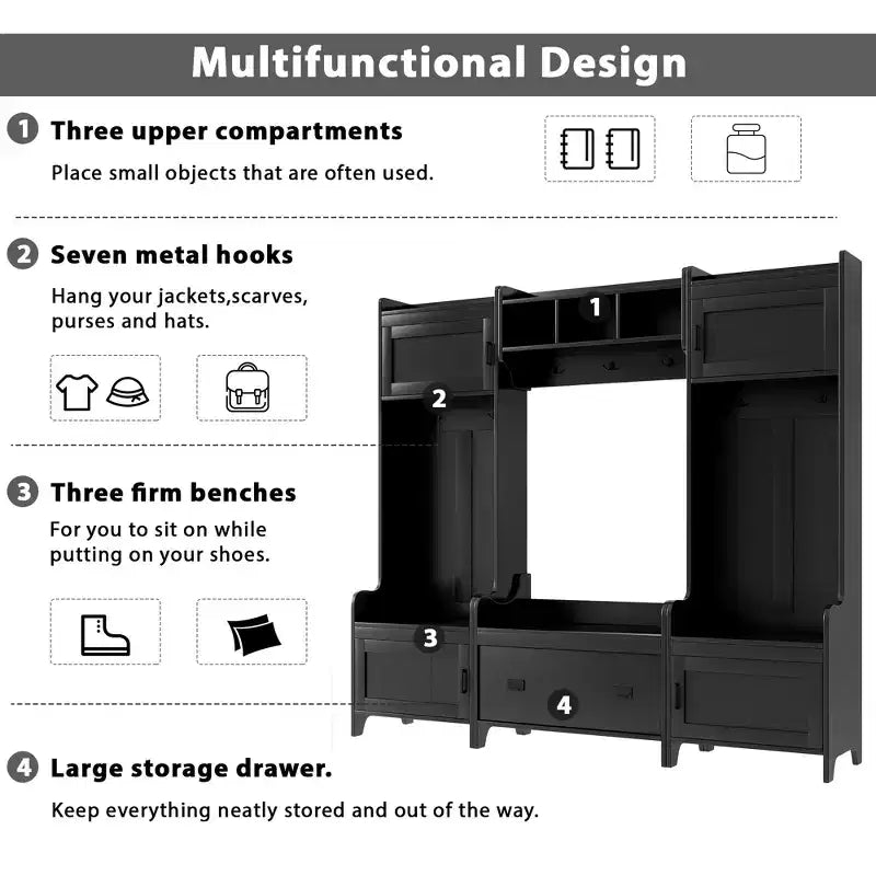 Whisen Modern Multiple Functions Hall Tree with 7-Metal Black Hooks and Ample Storage Drawer