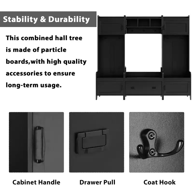 Whisen Modern Multiple Functions Hall Tree with 7-Metal Black Hooks and Ample Storage Drawer