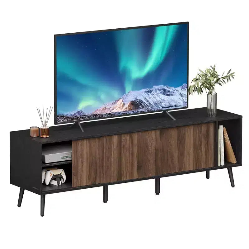 SONGMICS HOME Superfast Toolless Assembly, TV Stand for TVs up to 72 Inches, TV Cabinet, Entertainment Center, Natural Walnut and Ebony Black
