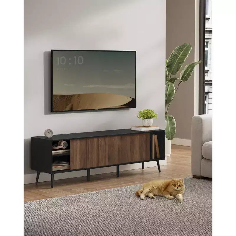 SONGMICS HOME Superfast Toolless Assembly, TV Stand for TVs up to 72 Inches, TV Cabinet, Entertainment Center, Natural Walnut and Ebony Black