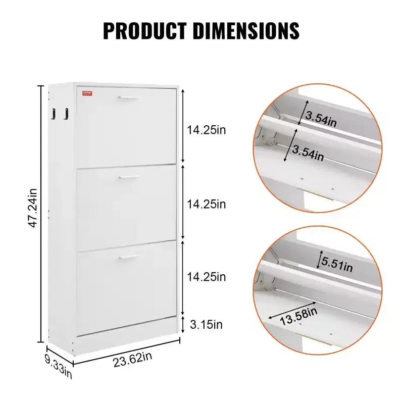VIYET 51H 3-Flip Drawer Shoe Cabinet,Freestanding Entryway Organizer with Side Hooks for Heels/Boots, White for Hallway/Living Room/Closet