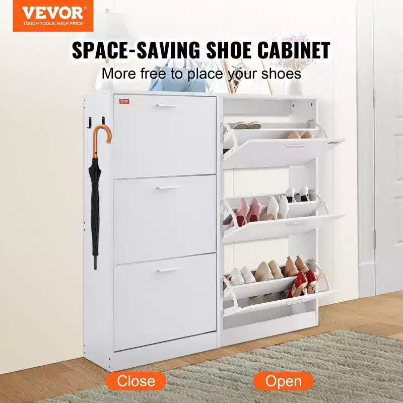 VIYET 51H 3-Flip Drawer Shoe Cabinet,Freestanding Entryway Organizer with Side Hooks for Heels/Boots, White for Hallway/Living Room/Closet