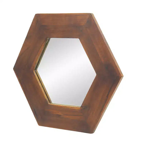 18.5 x 18.5 Inch Hexagon Wall Mirror with Solid Wood Frame Dark Brown