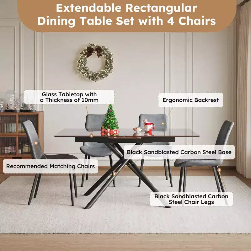 GDFStudio Noemi Set da Pranzo Contemporaneo di 5 Pezzi con Tavolo in Vetro Estensibile e Sedie Rivestite in Similpelle