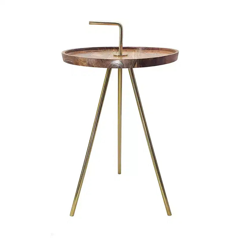 Tavolino laterale in legno di acacia con gambe a treppiede in acciaio marrone oro 16x23,5