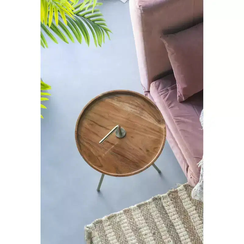 Acacia Wood Side Table with Tripod Steel Legs Brown Gold 16x23.5