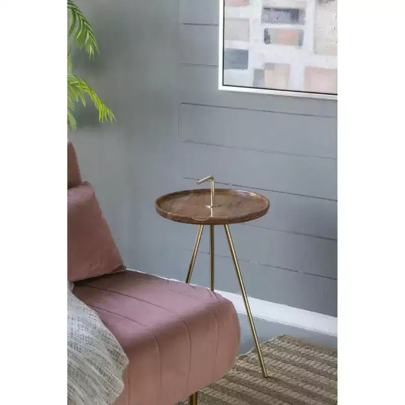 Tavolino laterale in legno di acacia con gambe a treppiede in acciaio marrone oro 16x23,5