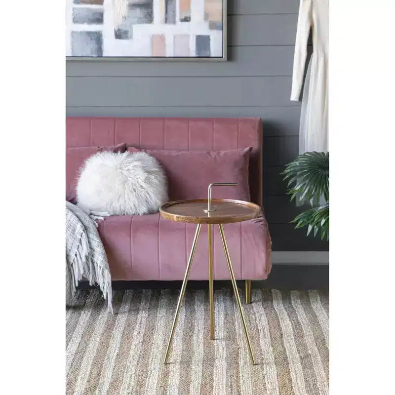 Tavolino laterale in legno di acacia con gambe a treppiede in acciaio marrone oro 16x23,5