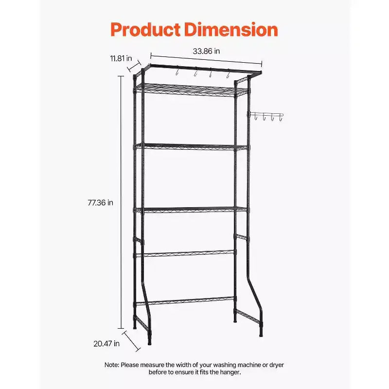 VIYET 3-Tier Over Washer Dryer Storage Shelf,Adjustable with Hanger Rod & Hooks,Black Laundry Space Saver