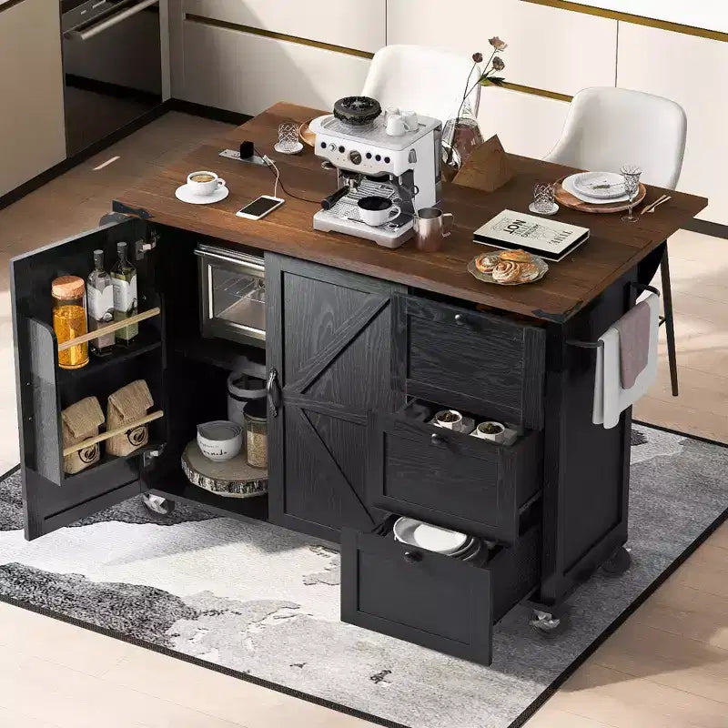 Isola da Cucina, Carrello da 54,5" su Ruote, Isola Contenitore con Piano di Lavoro a Ribalta, Portaspezie, 3 Cassetti e 2 Ante, Carrello con Ruote