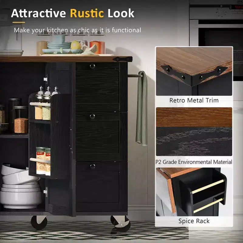 Kitchen Island, 54.5 Rolling Trolley Cart, Storage Island with Drop Leaf Worktop, Spice Rack, 3 Drawer and 2 Doors, Rolling Cart on Wheels