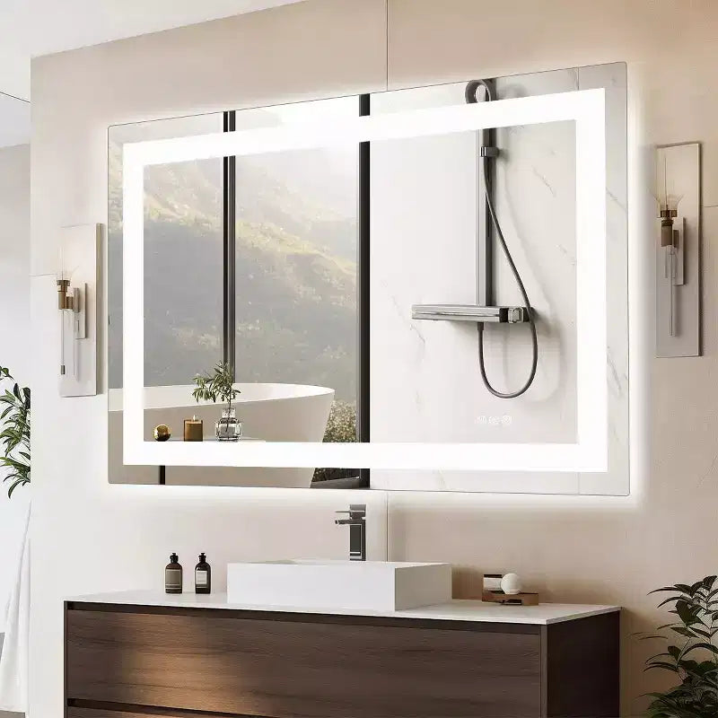 Specchio da bagno Okak moderno anti-appannamento in vetro con doppia sorgente luminosa e tre modalità dimmerabili, specchio da parete per bagno