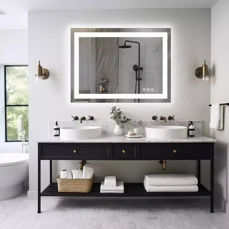 Okak Modern Anti-fog Glass Bathroom Mirror with Dual Light Source & Three Dimmable Modes,Wall Mirror Vanity Mirror for Bathroom