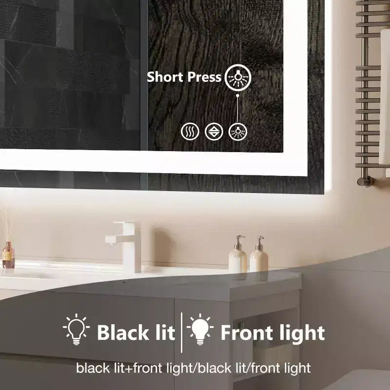 Specchio da bagno Okak moderno anti-appannamento in vetro con doppia sorgente luminosa e tre modalità dimmerabili, specchio da parete per bagno