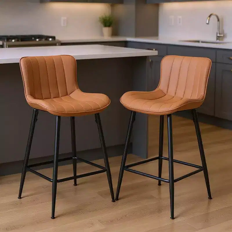 HomeRoots Set of Two 27 Brown and Black Faux Leather and Metal Low Back Counter Height Bar Chairs