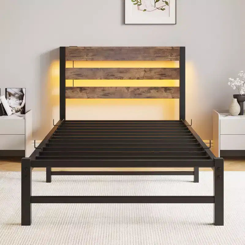 MAYEERTY Twin Size Platform Bed Frame with RGB LED Lights, USB Charging Station, Heavy Duty No Box Spring Needed
