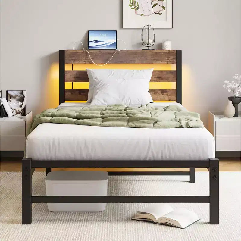MAYEERTY Twin Size Platform Bed Frame with RGB LED Lights, USB Charging Station, Heavy Duty No Box Spring Needed
