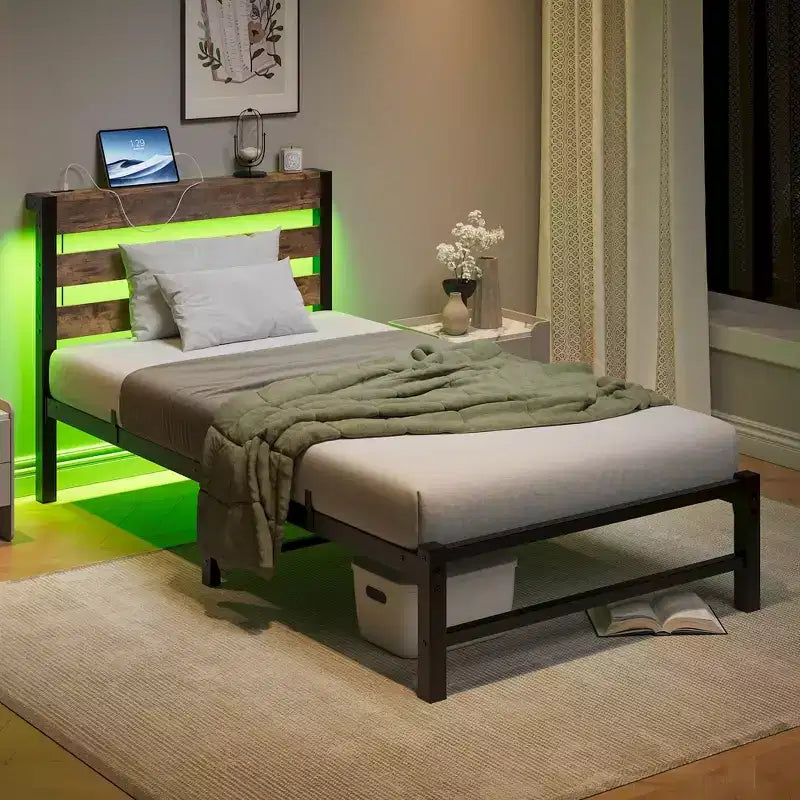 MAYEERTY Twin Size Platform Bed Frame with RGB LED Lights, USB Charging Station, Heavy Duty No Box Spring Needed