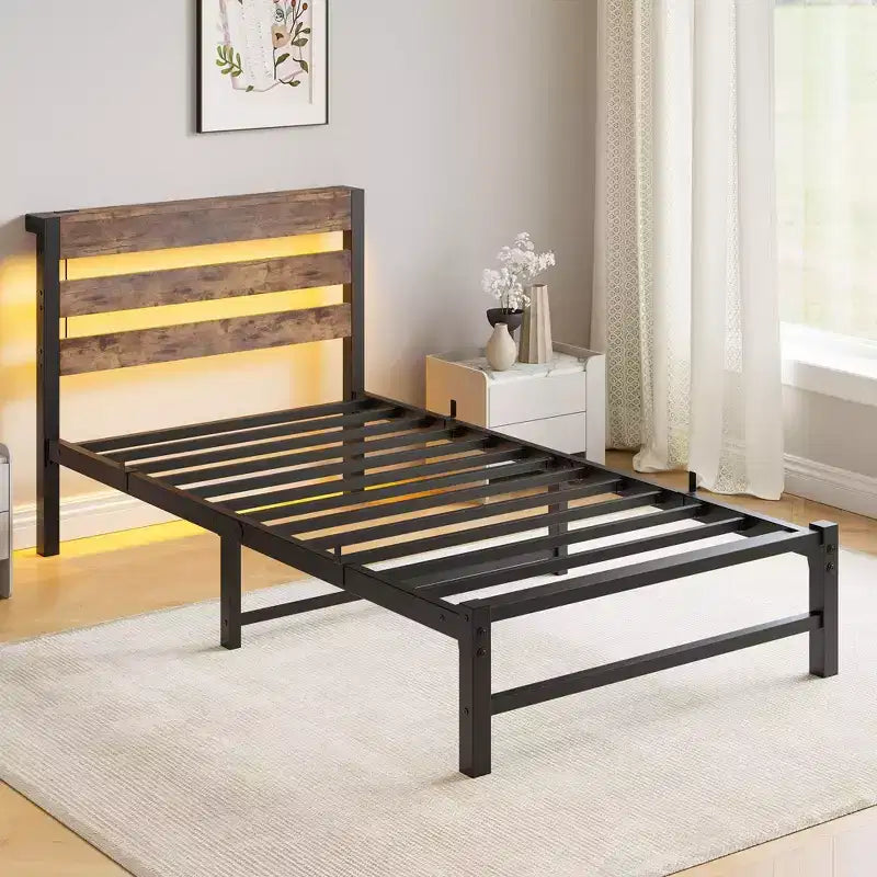 MAYEERTY Twin Size Platform Bed Frame with RGB LED Lights, USB Charging Station, Heavy Duty No Box Spring Needed