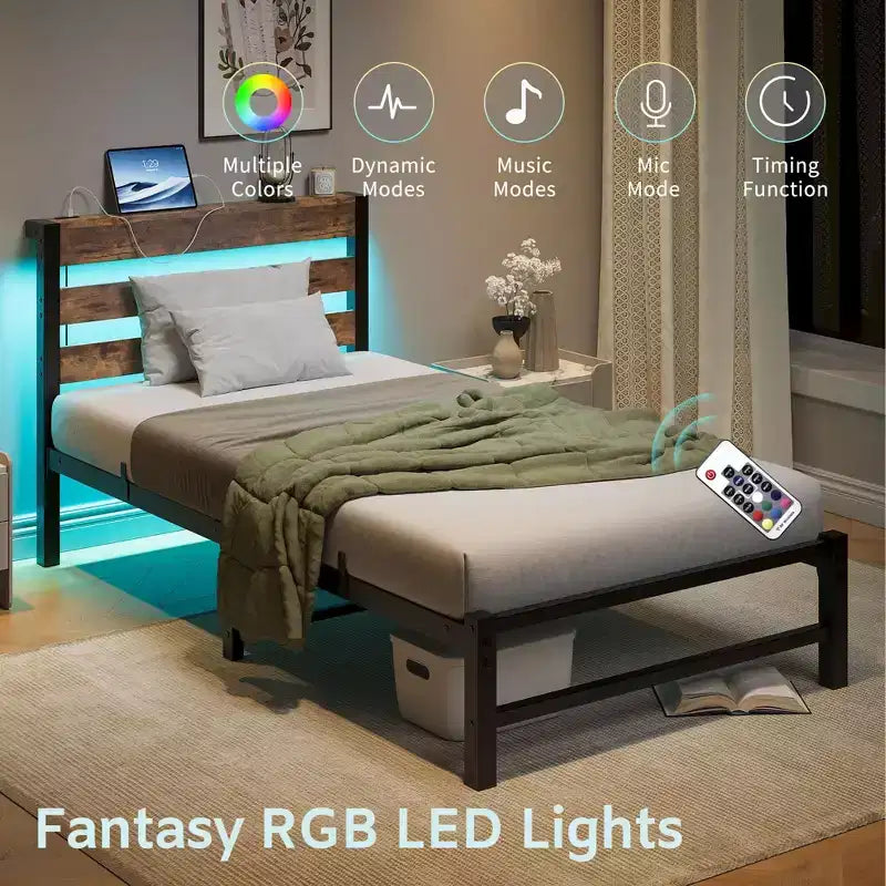 MAYEERTY Twin Size Platform Bed Frame with RGB LED Lights, USB Charging Station, Heavy Duty No Box Spring Needed