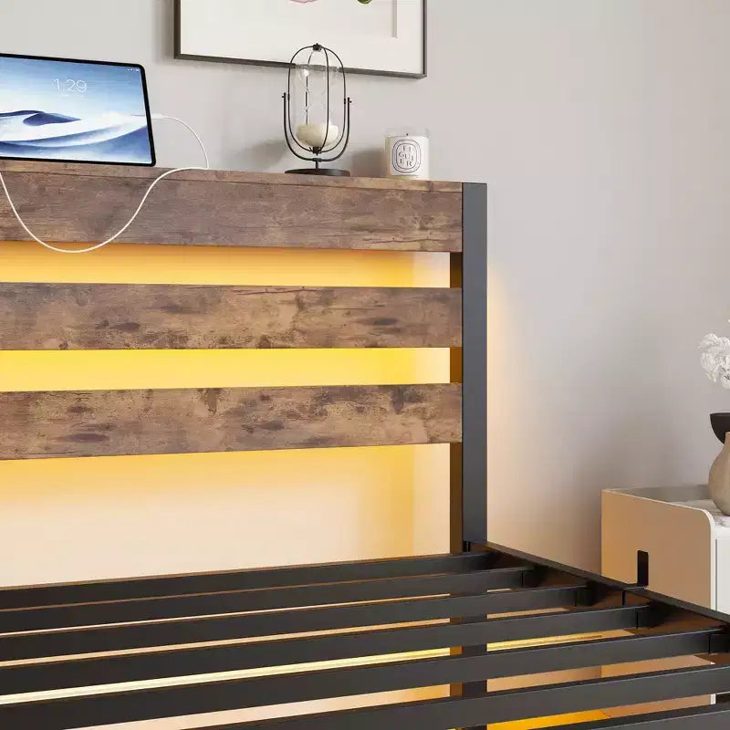MAYEERTY Twin Size Platform Bed Frame with RGB LED Lights, USB Charging Station, Heavy Duty No Box Spring Needed
