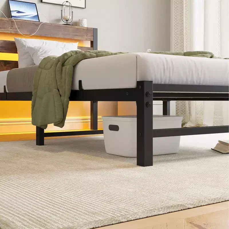 MAYEERTY Twin Size Platform Bed Frame with RGB LED Lights, USB Charging Station, Heavy Duty No Box Spring Needed