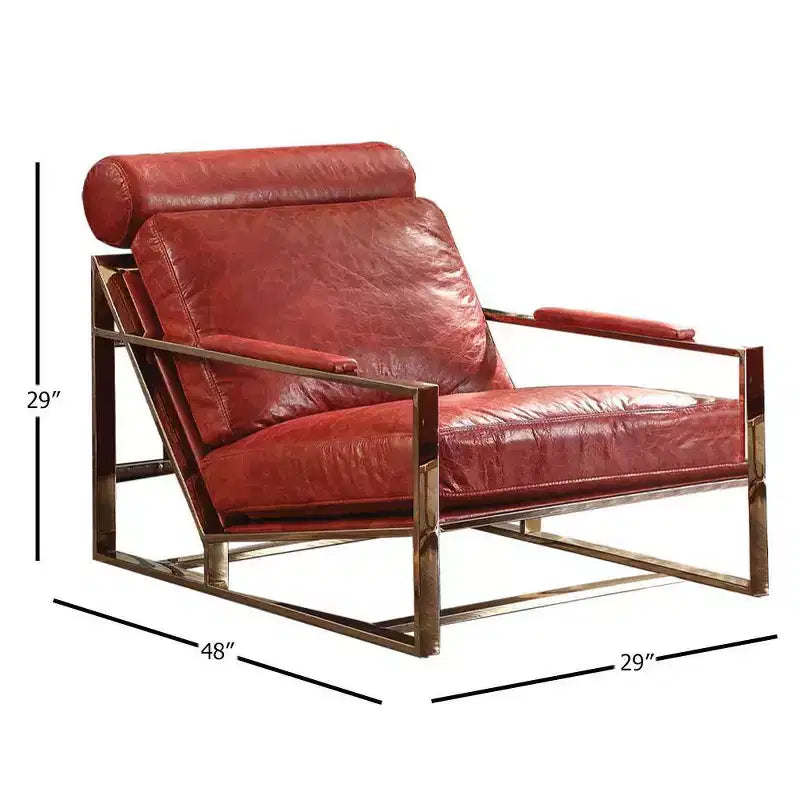 Acme Furniture 29" Quinto Accent Chair Antique Red Top Grain Leather/Stainless Steel: No Assembly, 60 Day Warranty
