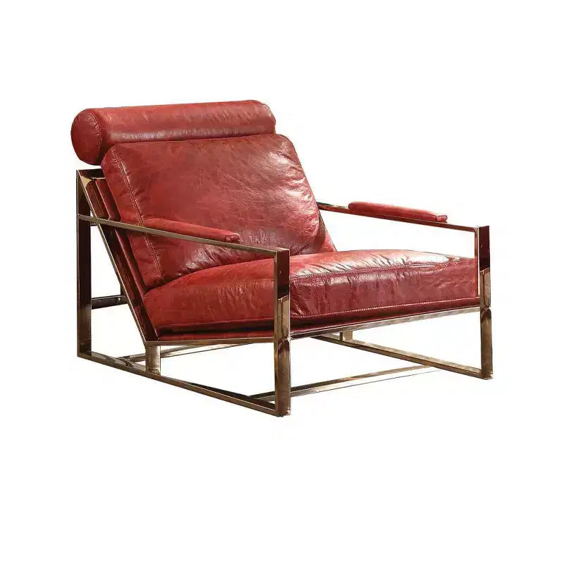 Acme Furniture 29" Quinto Accent Chair Antique Red Top Grain Leather/Stainless Steel: No Assembly, 60 Day Warranty