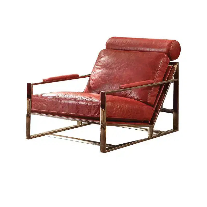 Acme Furniture 29" Quinto Accent Chair Antique Red Top Grain Leather/Stainless Steel: No Assembly, 60 Day Warranty