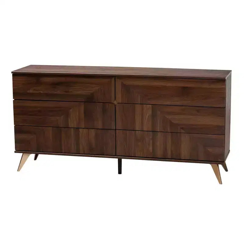 Baxton Studio Graceland Wood 6 Drawer Dresser Walnut Brown/Gold: Mid-Century Storage, Angled Legs