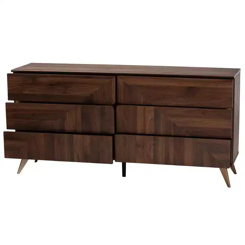 Baxton Studio Graceland Wood 6 Drawer Dresser Walnut Brown/Gold: Mid-Century Storage, Angled Legs