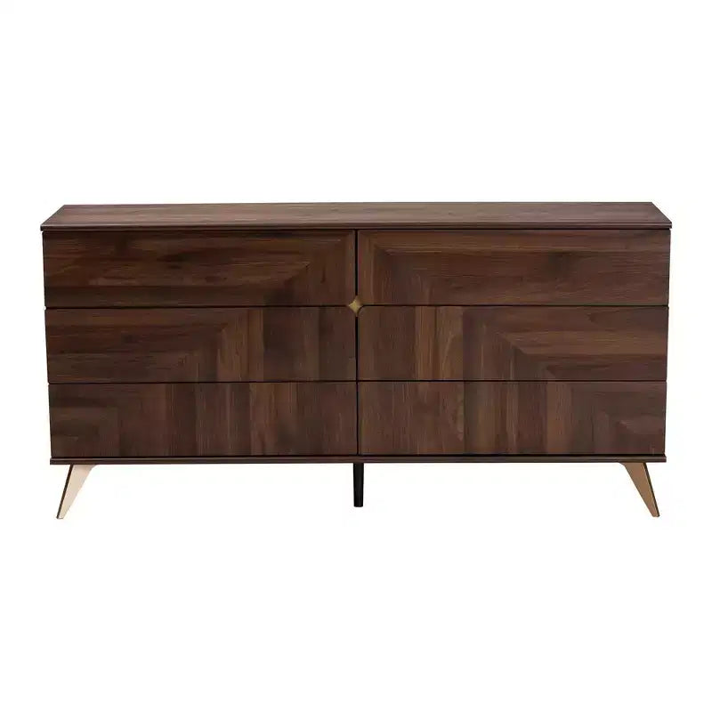 Baxton Studio Graceland Wood 6 Drawer Dresser Walnut Brown/Gold: Mid-Century Storage, Angled Legs