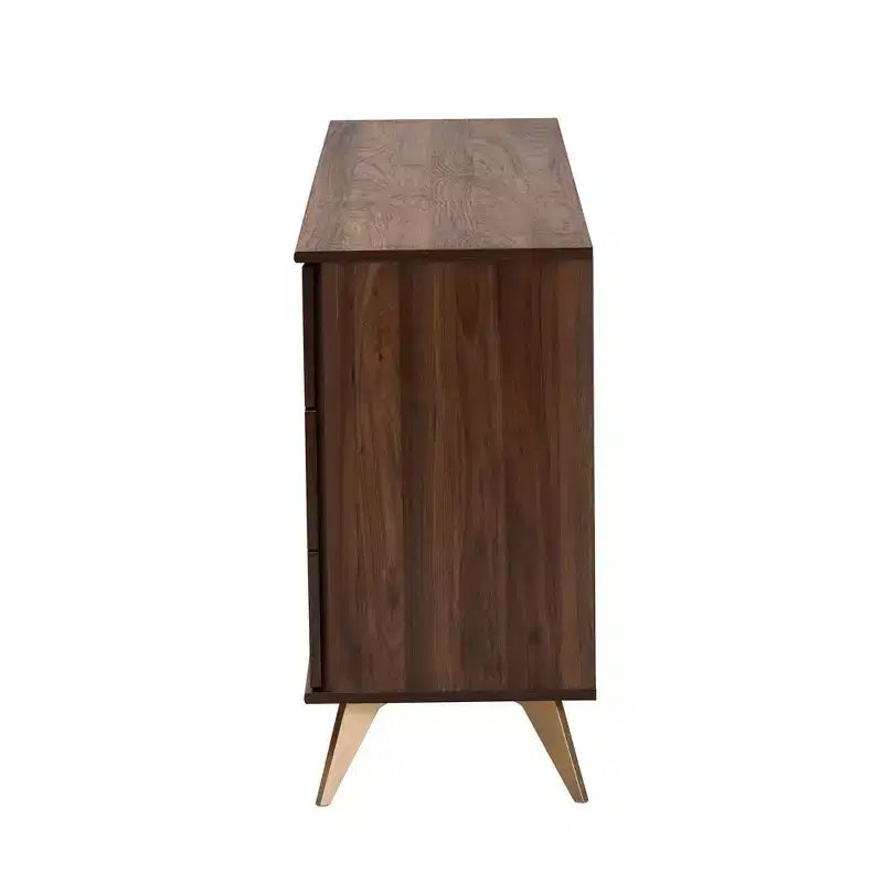 Baxton Studio Graceland Wood 6 Drawer Dresser Walnut Brown/Gold: Mid-Century Storage, Angled Legs