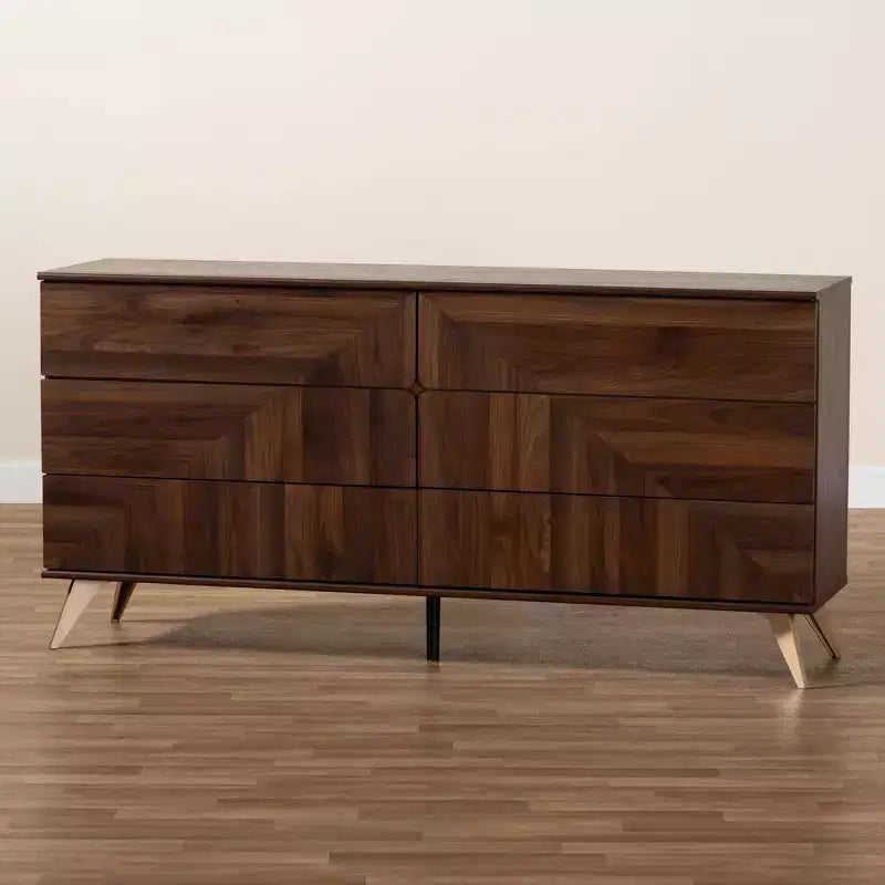 Cassettiera a 6 cassetti Graceland Wood Noce Marrone/Oro: Mobile contenitore di metà secolo, Gambe angolate