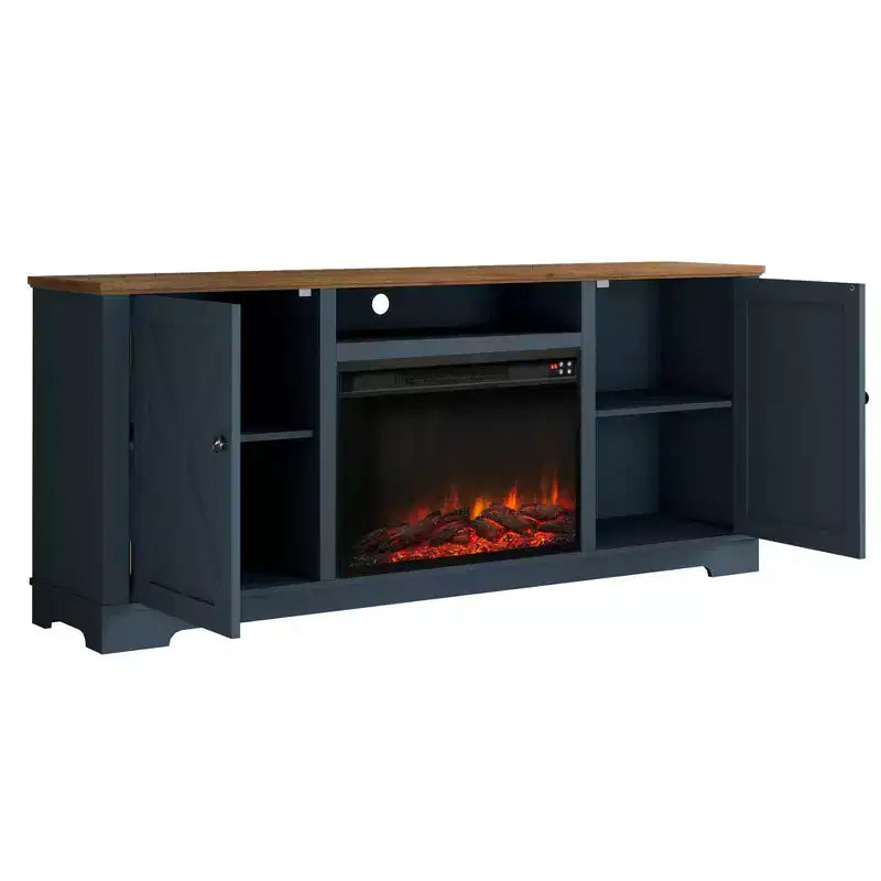 Festivo 70" Farmhouse TV Stand for TVs up to 75" with Electric Fireplace Navy : Entertainment Center, Media Console