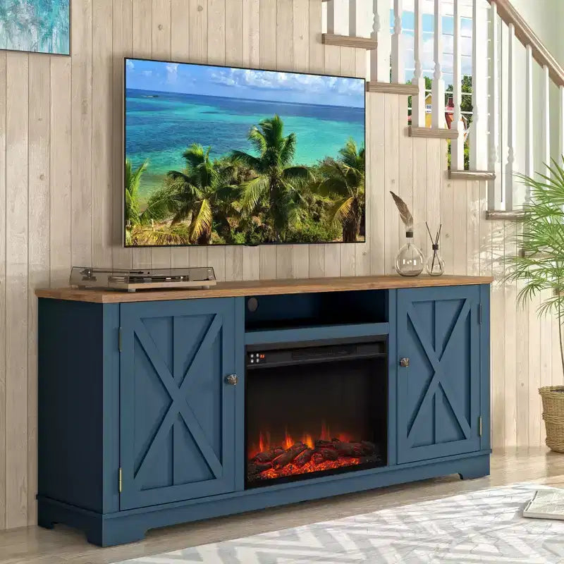 Festivo 70" Farmhouse TV Stand for TVs up to 75" with Electric Fireplace Navy : Entertainment Center, Media Console